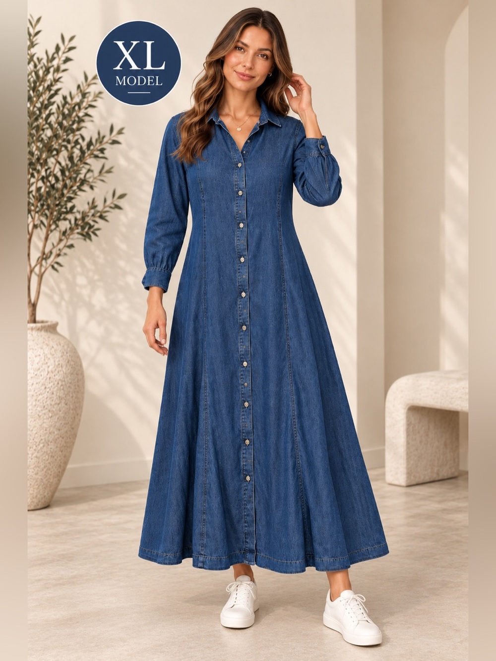 Laura Scott XL Blue Denim Chambray Button Front Long Shirt Dress